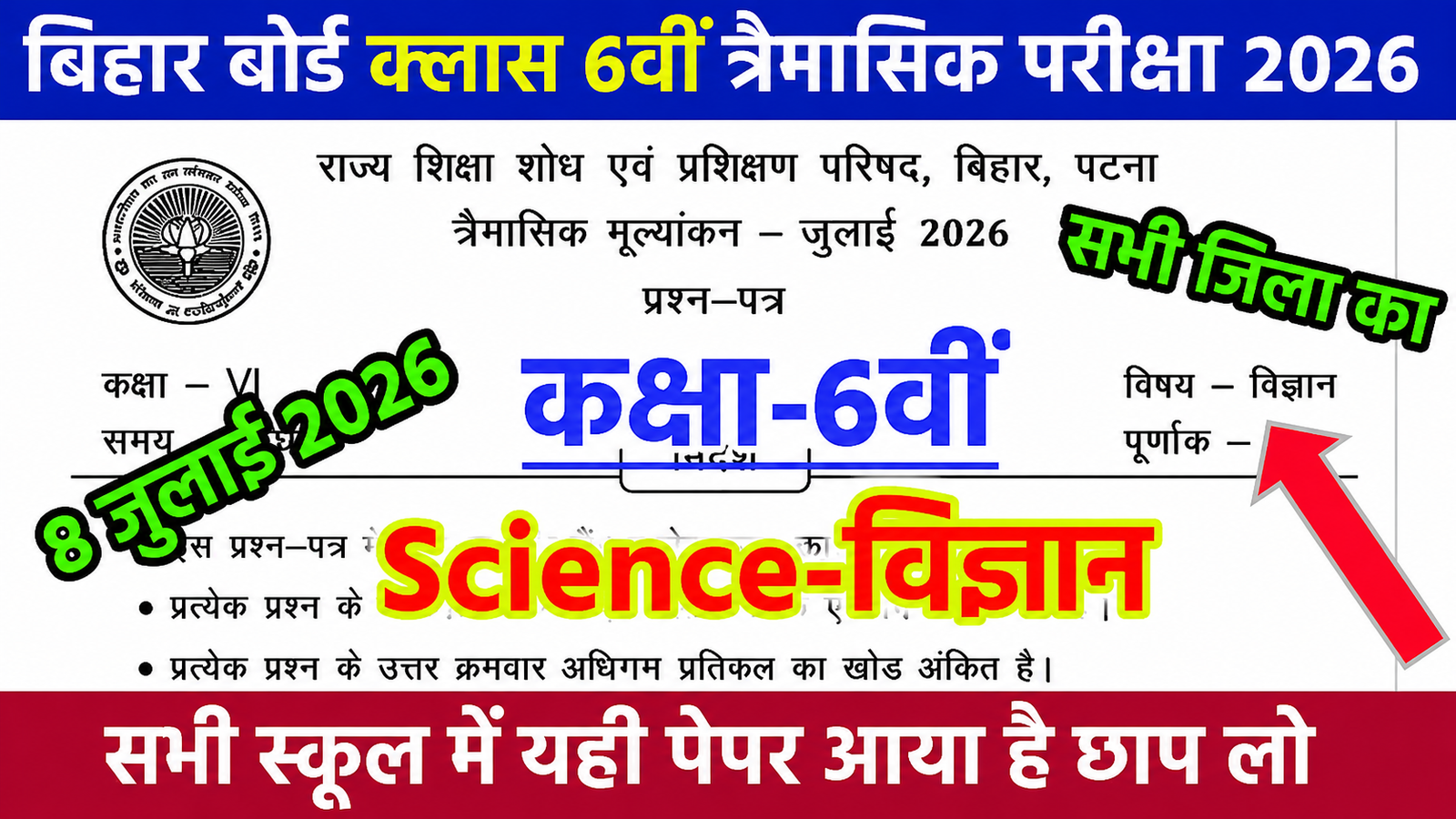 Bihar School Class 6th Science Quarterly Exam 2026