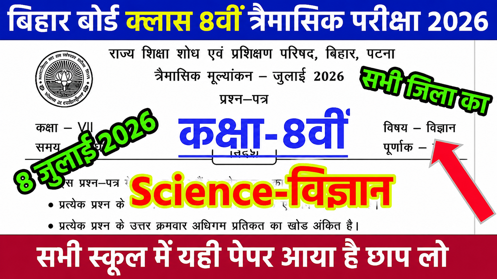 Bihar School Class 8th Science Quarterly Exam 2026